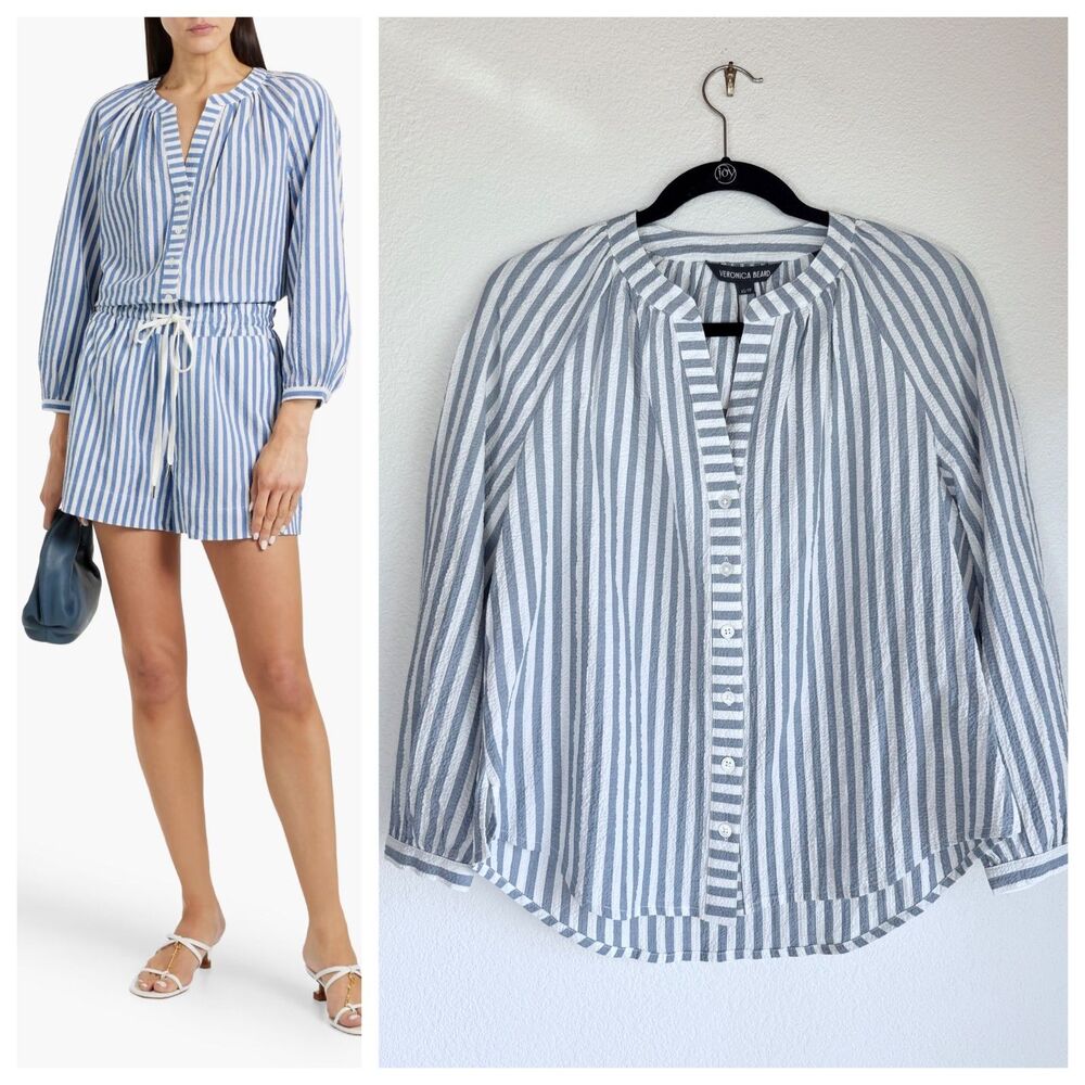 NEW Veronica Beard Judith Striped Seersucker Buttondown Blouse in Blue & White